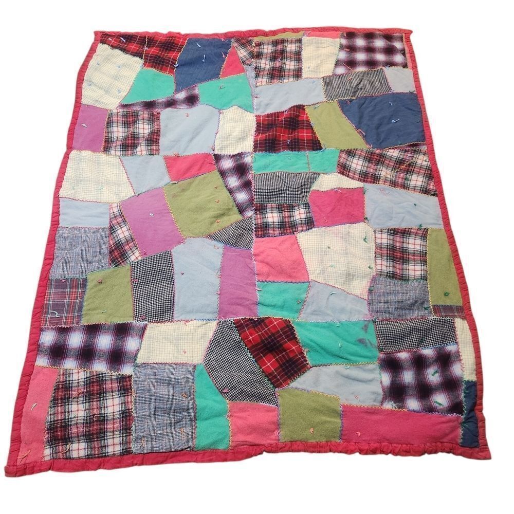 Vintage Handmade Patchwork Crazy Quilt Camp Blanket Wool Blend 78x62 Red Blue
